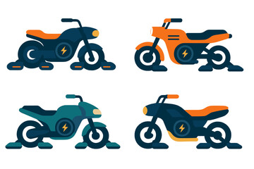 Obraz premium Electric motorcycles in vibrant designs displayed on a modern showroom floor at sunset