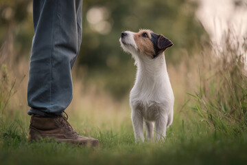 Dog looks up at owner in a serene outdoor setting during golden hour
