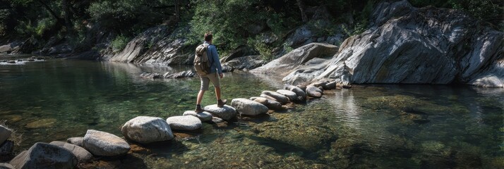 Walking Across A Bridge. A Young Man Crossing a River on Stones during a Hiking Adventure