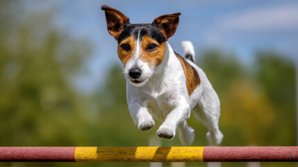 Dog jumps over agility hurdle in bright outdoor setting, showcasing athleticism and energy