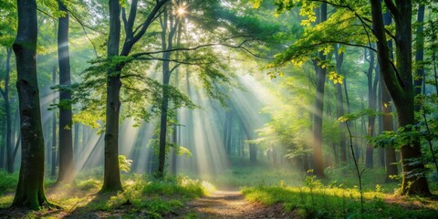 Obraz premium Soft morning light filtering through a dense forest canopy