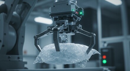 Robotic arm precisely gripping transparent bag automation in advanced production and modern technology