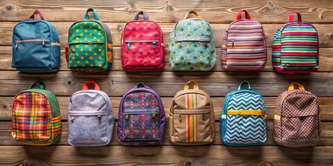 Colorful backpacks with various designs and patterns arranged in a neat grid layout on a wooden table