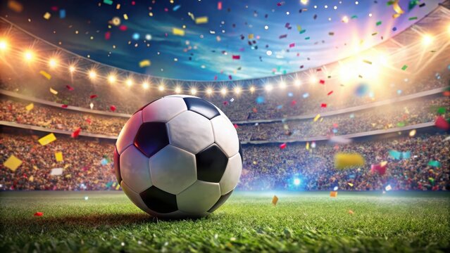 Brightly lit soccer ball in focus with vibrant confetti surrounding it amidst stadium backdrop