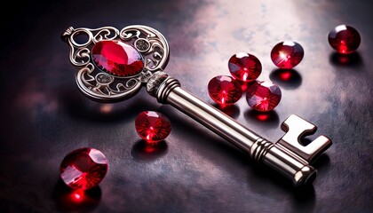antique silver keys with glowing red gemstones metallic and ruby palette ideal for fantasy game or jewelry design projects