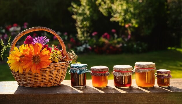 outdoor farmers market display featuring bread jars of homemade preserves and a basket of colorful flowers