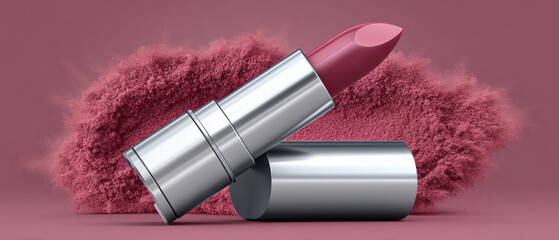 Stylish cosmetic lipstick with silver case and pink shade on matching background with powder splash creating elegant beauty look
