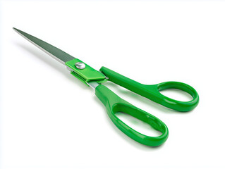 School scissors closed, green handle isolated on white, transparent