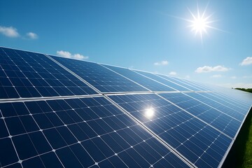 Solar Panels on Green Field Under Clear Blue Sky &ndash; Clean Energy Concept