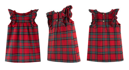 Set of front and back view child's christmas dress isolated on white.  baby fashion clothe collection.