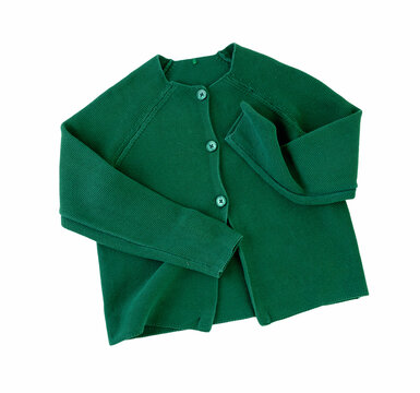 Knitted school uniform cardigan green color isolated on white.Longsleeve sweater.Object.Nobody.