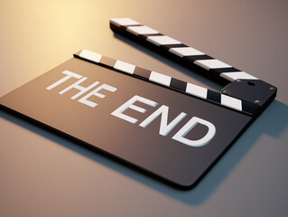 Movie clapper, THE END text on cinema scene clapperboard. Filmmaking, video production. 3d render