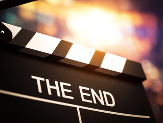 Movie clapper, THE END text on cinema scene clapperboard. Filmmaking, video production