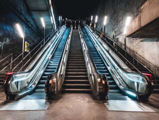 Underground empty electric escalators and stairway in the city center