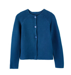 Blue knitted uniform knitted jacket isolated on white,girl's schoolwear.Buttoned cardigan.