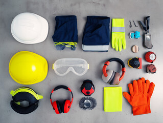 Work health and safety flat lay. Labor personal protective gear for industry and construction site