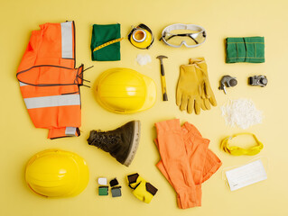 Work health and safety flat lay. Labor personal protective gear for industry and construction site