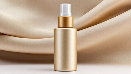 Stylish cosmetic spray bottle with gold metallic finish stands elegantly against smooth beige satin fabric creating luxurious and refined