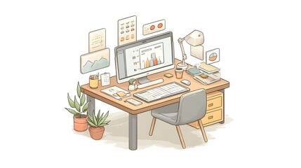 Flat isometric illustration of office desk with digital devices and workflow elements