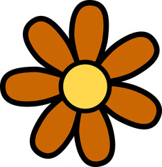 Stylized Brown and Yellow Flower Illustration with Bold Black Outline - Simple Cartoon Floral Graphic