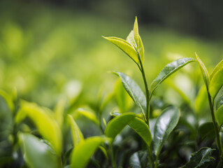 Tea leaf closeup. Tea plantation in China. Fresh young tea leaves harvest