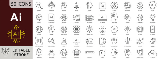 AI Line Icons Set with Editable Stroke for Artificial Intelligence, Machine Learning, and Data Technology Concepts