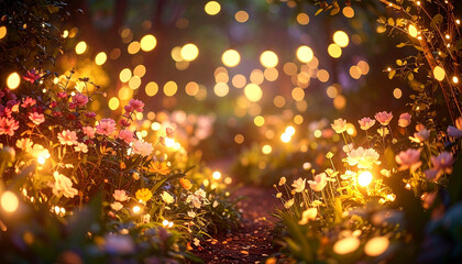 Illuminated night garden path with vibrant flowers and bokeh lights