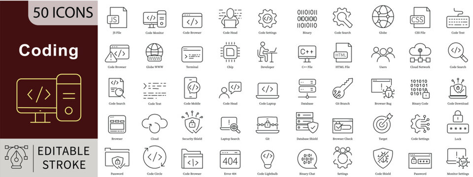 Programming Coding Line Icons Set with Editable Stroke for Software Development and Developer Tools