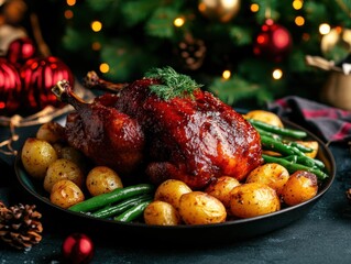 Festive Roast Chicken with Potatoes and Green Beans on Dark Plate