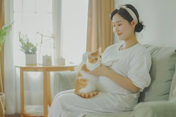 pregnant woman with headphones and holding cat