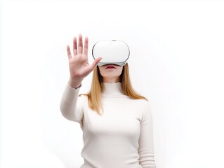Woman wearing vr glasses isolated on white, transparent