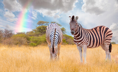 Zebra standing in yellow grass on Safari watching, Africa savannah - Etosha National Park, Namibia