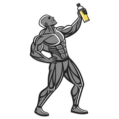 Fototapeta premium Muscular man holding yellow liquid bottle bodybuilder male