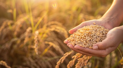 Farmers hands holding freshly harvested organic brown rice grains in outdoor natural sunlight