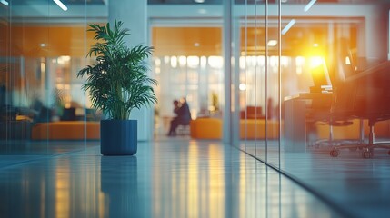 Blurred background of people walking in a modern office building with green trees and sunlight , eco friendly and ecological responsible business concept image