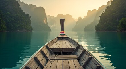 Traditional Long-Tail Boat on a Serene Lake in Thailand at Sunrise