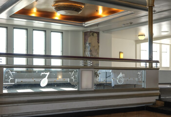 Opulent formal and elegant First 1st Class dining room hall restaurant onboard historic luxury...