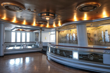 Opulent formal and elegant First 1st Class dining room hall restaurant onboard historic luxury...