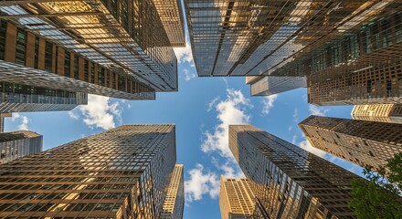 Looking Up at Modern City Skyscrapers Against a Blue Sky