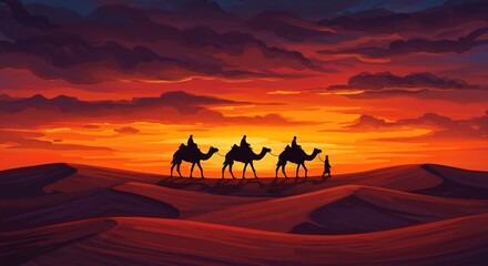 Desert Caravan with Riders on Camels Silhouetted Against a Fiery Sunset