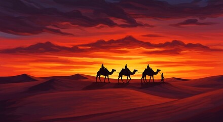 Silhouette of Three Wise Men on Camels Journeying Through the Desert at Sunset