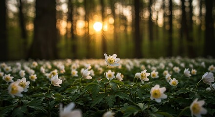 Field of White Wood Anemones in a Forest at Sunset