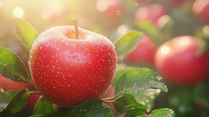 Apples are on a leafy branch. Close up photo