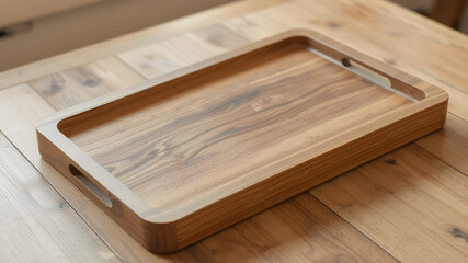 Fototapeta premium A wooden tray rests on a rustic wooden table, showcasing its natural grain and texture. Perfect for serving food or decorative arrangements in a cozy setting