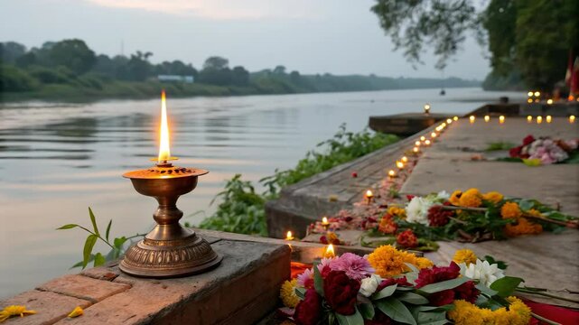 Pitru Paksha offering with diya and marigold flowers along riverside