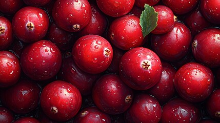 A close up of red craberries and leaves. The image has a warm and inviting mood, with the bright red colors of the berries and leaves creating a sense of freshness