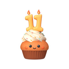 Cute 3D birthday cupcake with candle and number 11