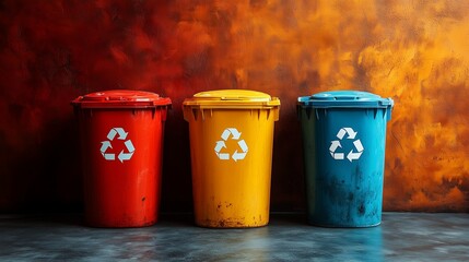 Three trash cans are lined up in a row, each with a different color