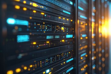 Server rack with vibrant blue and amber LED indicators in a futuristic data center, ideal for illustrating cloud infrastructure, cybersecurity, or high-performance computing