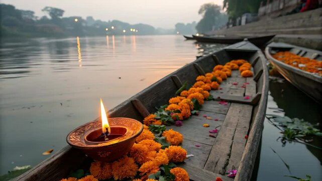 Marigold boat offering and diya on river during Pitru Paksha ritual
